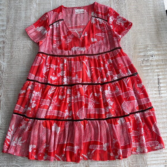 Urban Outfitters Red Floral A-Line Mini V-Neck Dress Short Sleeves Size Small - Picture 1 of 11